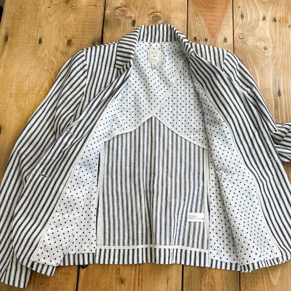 GAP Navy and White Ticking Blazer Jacket Linen Cotton 4 - Picture 2 of 8